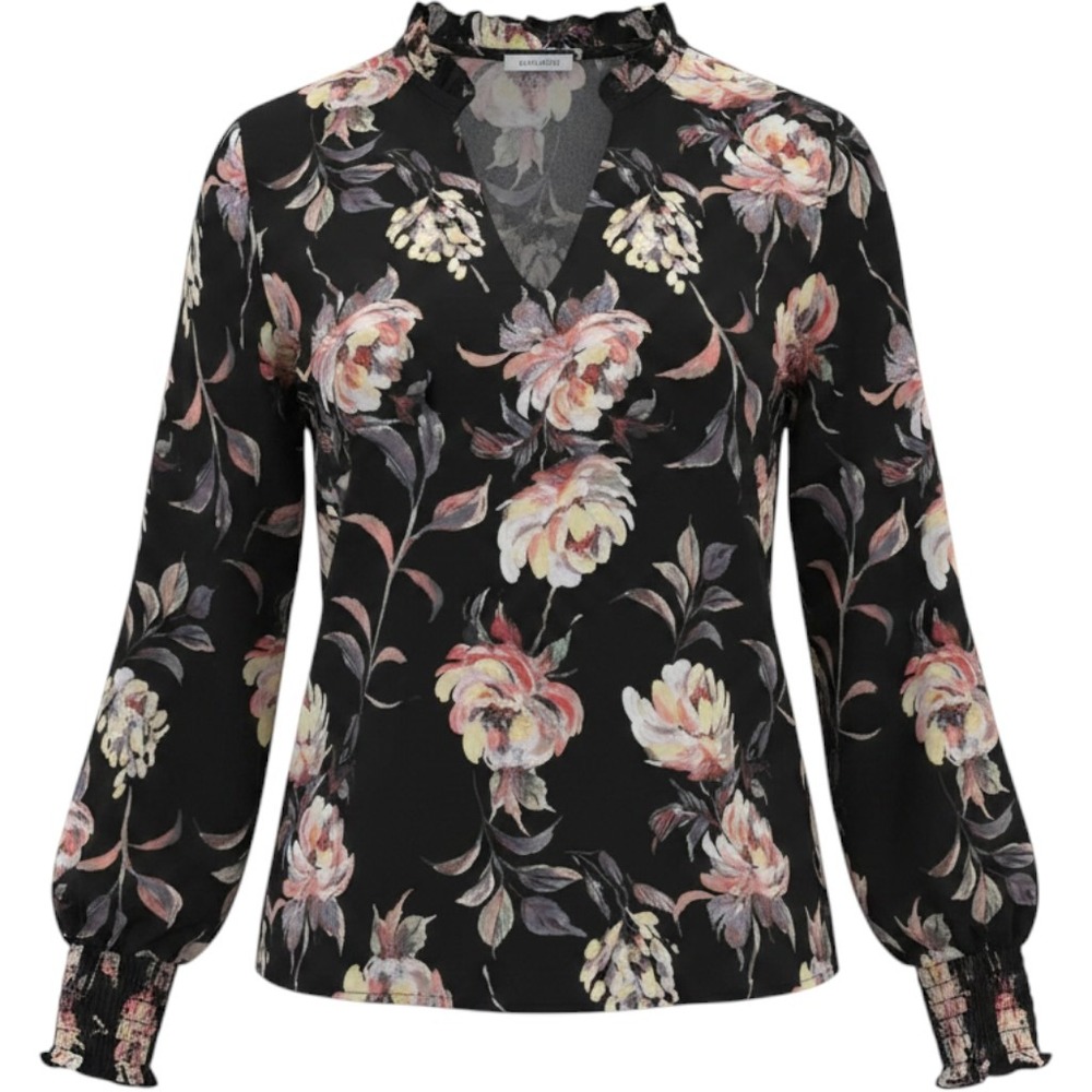 Maurices Boho Moody 2X Floral Ruffle Neck Blouse Black Smocked Cuff Georgette